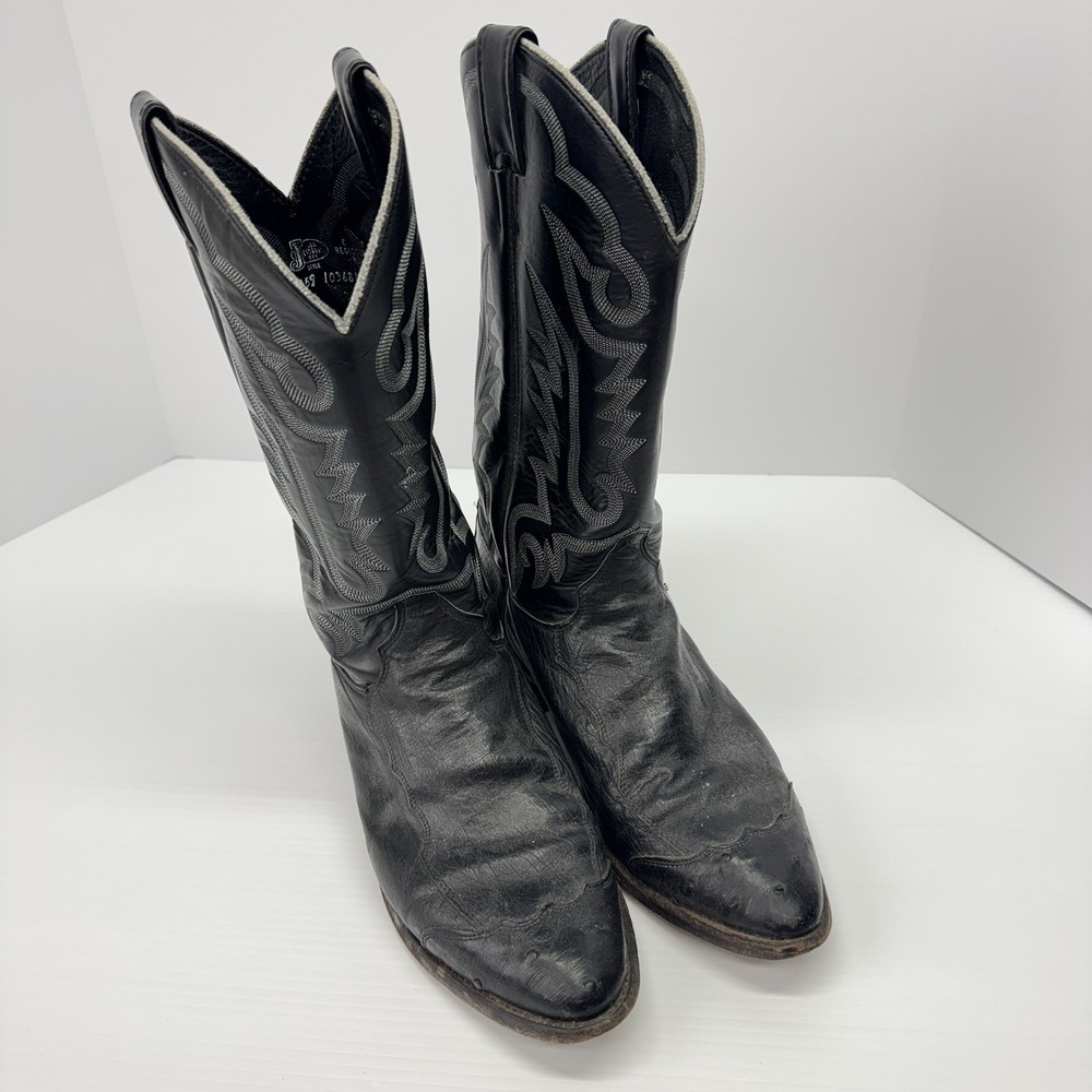 JUSTIN USA J40059 Black Smooth Ostrich ROPER WESTERN BOOTS Men's 10.5 EE